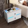 Wrought Studio™ Modern Nightstand w/ LED Light & 2 Storage Drawers Wood/Glass in White | 15.7 H x 23.6 W x 19.6 D in | Wayfair