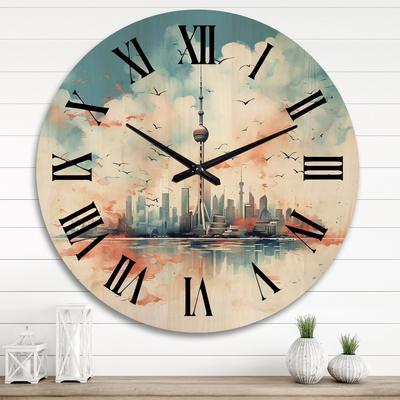 Designart "Teal Shanghai City Skyline" Cityscapes Oversized Wood Wall Clock