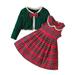 ASFGIMUJ Toddler Girl Fall Outfits 2 Pcs Fall Winter Green Cardigan Plaid Dress Set Casual A Line Dress Outfits Red 5 Years-6 Years