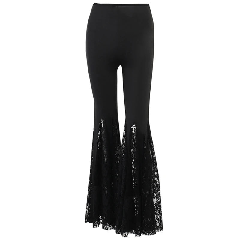 Gothic Stil ausgestellte Hose Sexy schwarze Spitze Patchwork hohe Taille Hose Vintage Harajuku Punk Stil Streetwear Y2K Hose