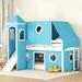 Blue Twin size Pine Wood Castle-Inspired Bunk Bed with Slide and Ladder, Tent, Tower, Sturdy Construction, Playhouse Design