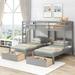 Gray Pine Wood Twin over Twin & Twin Bunk Bed - Triple Sleeping Space, Middle Drawer, 2 UnderBed Drawers