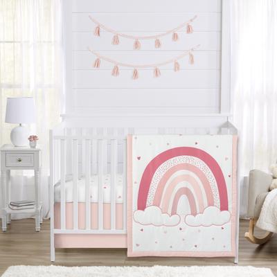 Sweet Jojo Designs Pink Boho Rainbow and Hearts Girl 3p Nursery Crib Bedding Set Mauve Shabby Chic Bohemian Cloud Polka Dot