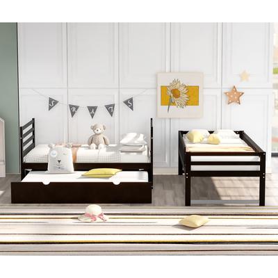Pine Wood Twin Bunk Beds with Movable Trundle, Guardrails, Ladder - Converts into Separate Beds