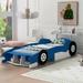Blue Twin Size Cool Pine Wood Race Car Platform Bed - Rear Wing, Front Spoiler, Safety Rails, Wheels, Easy Assembly