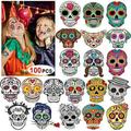 Day of the Dead Sugar Skull Tattoos(100Counts) Konsait Halloween Temporary Face Tattoos Sugar Skull Puppy Black Skeleton Web Red Roses Tattoo for kids Boys Girls Mexican Halloween Party Favor Supplies