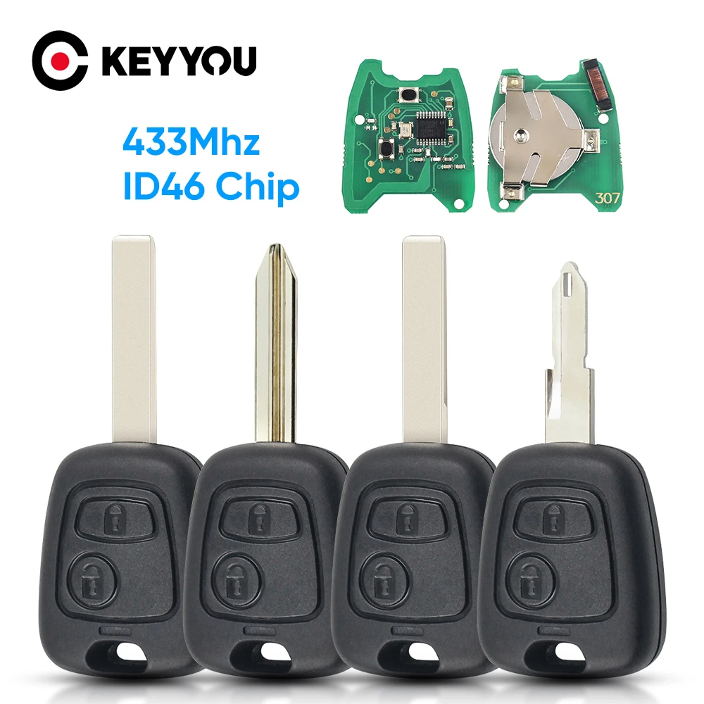 KEYYOU – clé télécommande à 2 boutons, 433MHZ, lame VA2, avec puce ID46, pour voiture Peugeot 307, citroën, C1, C3, PCF7941