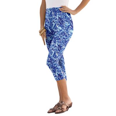 Plus Size Women's Essential Stretch Capri Legging by Roaman's in Navy Texture Paisley (Size 22/24) Activewear Workout Yoga Pants