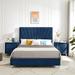 Flannelette Upholstery Platform Panel Bed Frame Line Stripe Cushion Headboard Wingback Bed Wood Slat Support Metal Support Feet