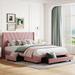 Queen Tufted Striped Wing Design Wingback Bed Frame with 3 Drawers