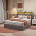 Light Gray Queen Size Bed with 4 Under-bed Pull-out Drawers, Wings Headboard, Lights, 2 Tiers Shelves, Wood Slats Steel Frame