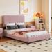 Pink Velvet Fabric Platform Bed Vertical Stripes Wingback Panel Low Bed Frame, Wood Slat Frame w/Center Support Legs - Full Size