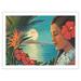 Aloha Moonrise - Hula Girl - Full Moon over Diamond Head Crater - Vintage Hawaiian Travel Poster by Kerne Erickson - Bamboo Fine Art 290gsm Paper Print (Unframed) 24x32in