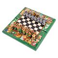 Green Bukhara Folklore,'Handcrafted Painted Walnut Wood Chess Set in Green'