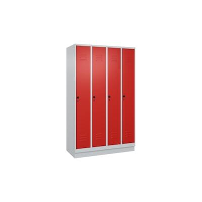 C+P Spind Classic PLUS, Sockel, 4 Abteile, HxBxT 195x120x50cm, Sicherheitsdrehriegel, Hellgrau/Rot von PROREGAL Image