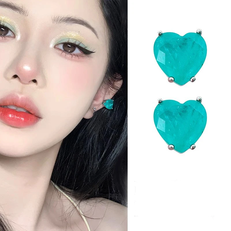 925 Sterling Silber Paraiba Turmalin Smaragd Ohrringe für Frauen 10 mm Herz Ohrstecker Tragus Piercing Schmuck Weihnachtsgeschenk Image