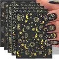 3D Moon Star Nail Stickers Holographic Nail Decals Stars Moon Sun Planets Design Laser Gold Nail Art Stickers Self Adhesive Sticker Nail Art Decorations Women DIY Nail Accessories 6 Sheets/Set