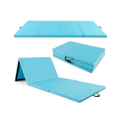 Costway 4-Panel PU Leather Folding Exercise Mat with Carrying Handles-Blue