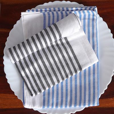 Serene Taste,'Set of 2 Handwoven Black and Blue Striped Cotton Dish Towels'