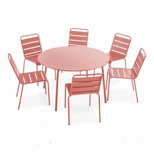 Runder Gartentisch und 6 Metallstühle Rosa – Ton