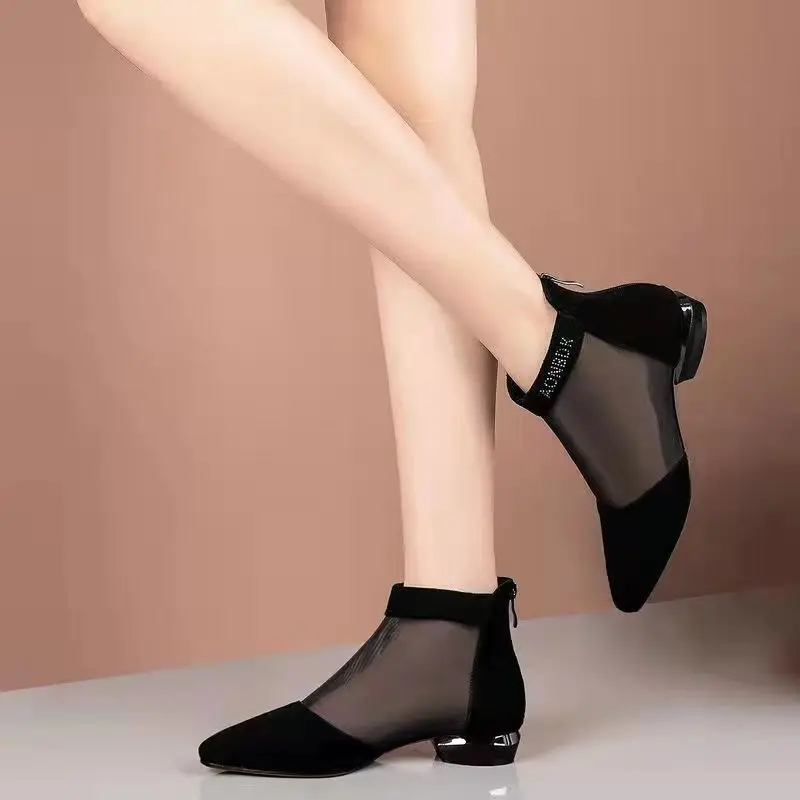 Atmungsaktive Gaze Damen stiefel für den Sommer Low Heels Rücken Reiß verschluss lässige Wanderschuhe Büro Damenschuhe Damenschuhe