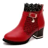 2025 runde Kappe Frauen Mode Kristall Gürtel Schnalle Stiefel 6 CM Platz High Heels Schuhe Sexy Leopard Spitze Stiefeletten Frau rot Schwarz