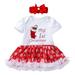 Girl Outfits Christmas Baby Clothing Cartoon Socks Tree Snow Flower Short Sleeve Dress And Hair Accessories Set Boy Outfits Red 12 Months-24 Months