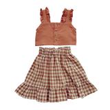 mveomtd Toddler Kids Baby Girls Strap Ruffle Vest T Shirt Tops With Button Plaid Skirt 2PCS Outfits Clothes Set Outfits for Juniors Girls Baby New Born