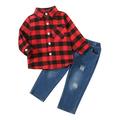 Wilucolt Boys Outfits Set Kids Toddler Baby Boys Shirt Jacket Plaid Letter Long Sleeve Coat Outwear Jeans Pants Outfit Set 2PCS Clothes