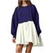 AOOCHASLIY Fall Dress Fashion Women s Casual Over Sized Sweatshirt Long Sleeve Dress Round-Neck Ladies Patchwork Mini Dresses