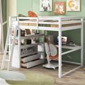 Harriet Bee Full Size Loft Bed w/ Desk & Shelves, Two Built-In Drawers, Metal in White | 65.6 H x 57.2 W x 80 D in | Wayfair