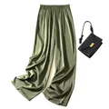 Pantalon large droit en satin soyeux pour femme pantalon d'été élastique taille haute vert adt