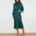 Robe de soirée mi-longue en satin pour femme col mi-haut manches lanterne couleur unie évidée