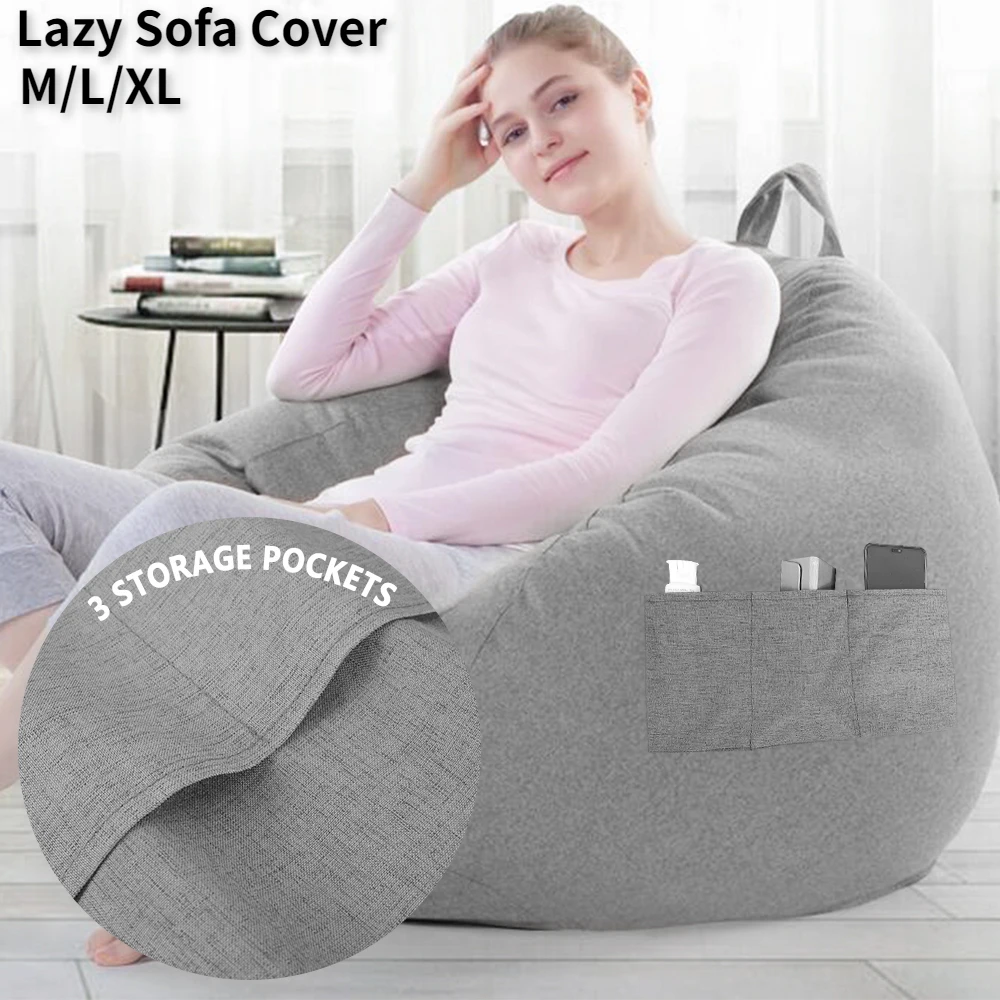 Lazy Sofabezug mit drei Seitentaschen, Stuhlhussen ohne Füllstoff, Lazy Seat Bag Cover Pouf Couch Tatami Wohnzimmer Sitzsäcke Image