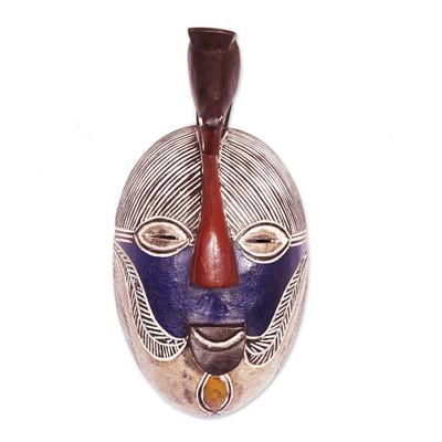 Songye Kifwebe,'Handmade Congolese Wood Wall Mask with Bird Accent'