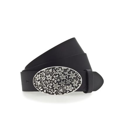 Koppelgürtel MUSTANG, Damen, Gr. 90, schwarz (790, schwarz), Rindsleder, unifarben, casual,modisch, Gürtel, Florale Koppelschließe in mattem Silber, 3,5 cm Image