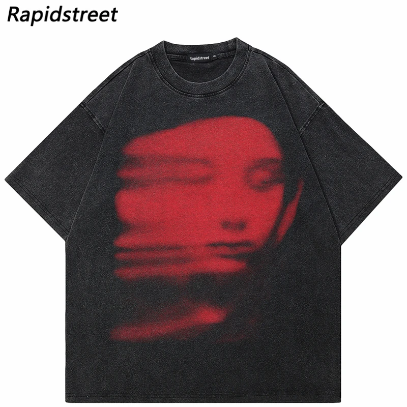 Vintage Übergroßes T-Shirt Streetwear Red Face Shadow Grafik Retro T-Shirt Hip Hop Baumwolle Harajuku T-Shirt Washed Black Y2K