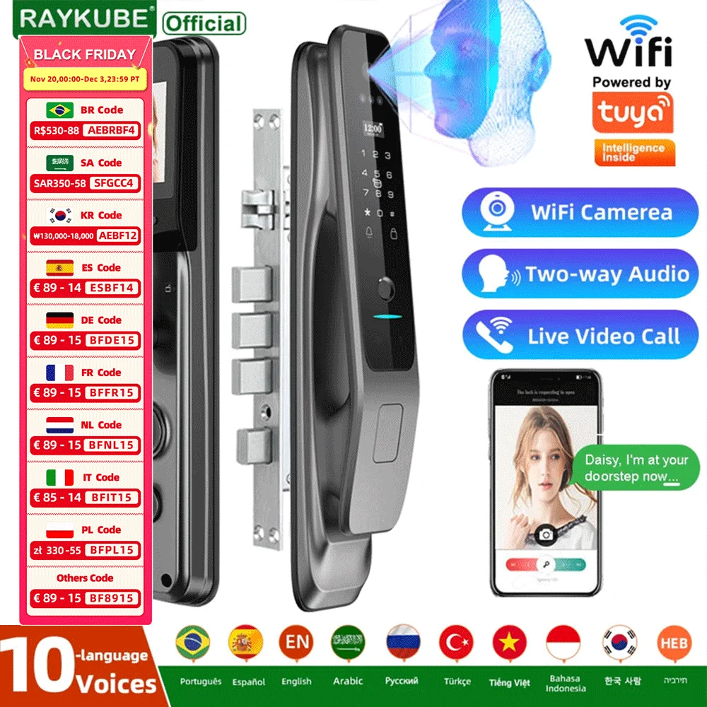 Neue RAYKUBE X50 Tuya WiFi 3D Gesichtserkennung Digitales Fingerabdruck-Türschloss mit WiFi-Kamera Fernbedienung APP Videoanruf 10-sprachig Image