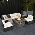 Costway 7 PCS Patio Furniture Set with 50 000 BTU Fire Pit Table Wicker Sofa Set with Cushions Off White