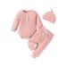 Suanret Baby Boys Girls 3PCS Tops Pants Outfits Long Sleeve Rompers Elastic Pants Beanie Hat Clothes Set Pink 12-18 Months