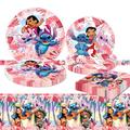 41Pcs Pink Stitch Tableware Set Birthday Decorations 20 Plates 20 Napkins and 1 Tablecloth Cute Lilo Party Decorations for Birthday Party Supplies