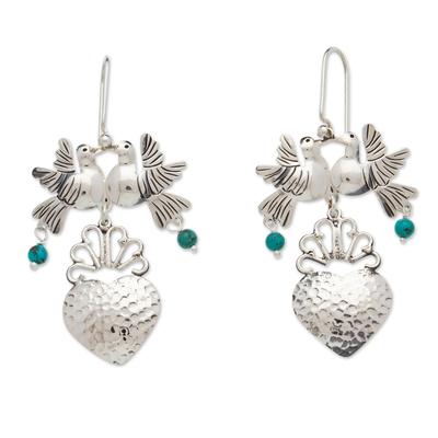 Bird Heart in Green,'Taxco 925 Silver Turquoise Bird & Heart Chandelier Earrings'