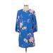 Ann Taylor Casual Dress - Mini High Neck 3/4 sleeves: Blue Floral Dresses - Women's Size 0 Petite