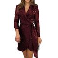 SHINROAD Cocktail Dress Slim Fit Women's Prom Party Lapel V Neck Lace Up Wrap Tight Waist Shiny Sequin Long Sleeve Solid Color Irregular Commute Wine Red L
