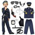 Alaiyaky Police Costume Kids, 12pcs Policeman Costume Kids Swat Costume Police Uniform with Hat Walkie Talkie Handcuff Toy Gun Badge Baton Glasses, Police Costume for Halloween Book Day (Kids, 140)