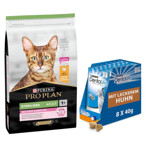 10kg PRO PLAN Sterilised Adult Delicate Digestion PURINA Katzenfutter trocken + 8x40g Dentalife...