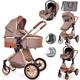 Baby Pram Pushchair Buggy Stroller 3 in 1 Child Lightweight Folding Stroller 3 in 1 Travel System Pram for Newborns Toddlers 0-36 Months from Birth Aluminum (Beige)