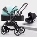 Luxury Pram 3 in 1 Stroller Combo Folding Lightweight Baby Stroller for Newborn and Toddler,Newborn Reversible Bassinet Pram,Shock Absorption Springs Pushchair (Color : Green)