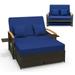 Gymax Outdoor Wicker Daybed Patio Loveseat & Storage Ottoman Set w/ Navy Cushions