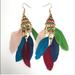 Free People Jewelry | Multicolor Boho Feather Aztec Pyramid Earrings | Color: Blue/Green | Size: Os
